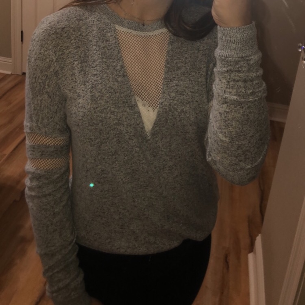 Grey V Neck Mesh Panel Sweater